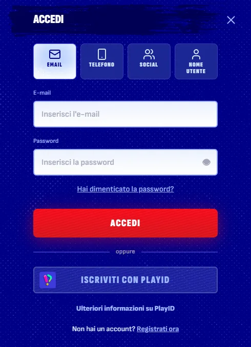 Schermata di login con campo email e password
